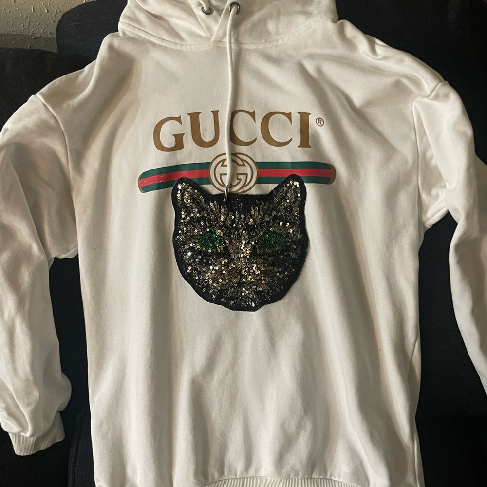 Gucci White Hoodie with Sequin Grumpy Cat Design